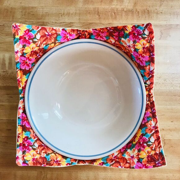 Microwave Soup Bowl Cozy, Reversible Bowl Orange Pinks And Yellow Florals - Picture 2 of 7